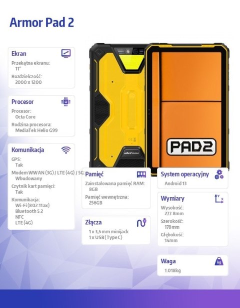 Tablet Armor Pad 2 4G 11" 8/256GB IP69K Czarno-żółty ULEFONE