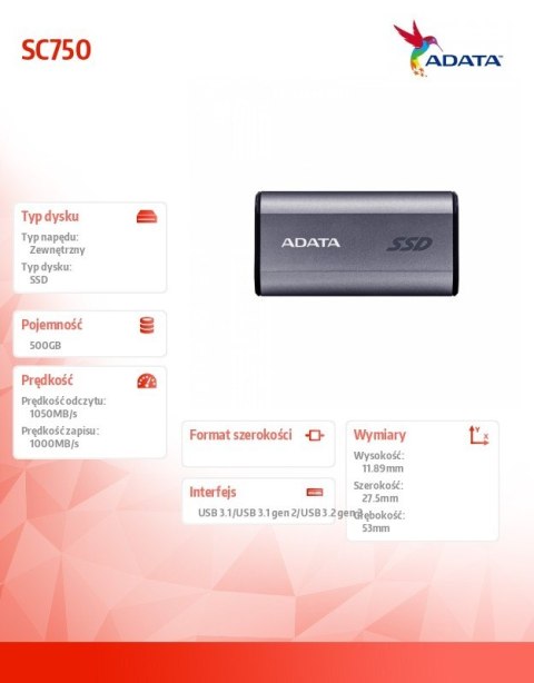 Dysk zewnętrzny SSD SC750 500G USB3.2C 1050/1000 MB/s Adata