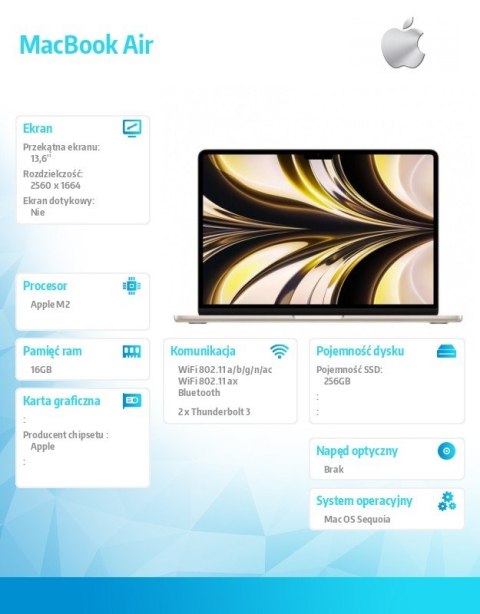 MacBook Air 13.6: M2 8/8, 16GB, 256GB - Księżycowa poświata MC7W4ZE/A Apple