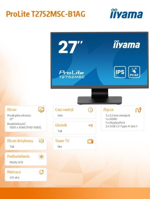 Monitor 27 cali T2752MSC-B1AG 10 PKT. POJ,IPS,HDMI,DP,2x1W,7H,2xUSB, 400cd/m2,AG-(Anti Glare) IIYAMA