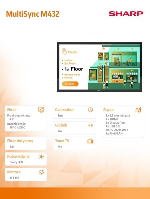 Monitor wielkoformatowy MultiSync M432 43 cale 550cd/m2 24/7 Sharp