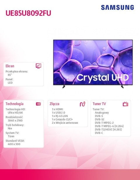 Telewizor LED 85 cali UE85U8092FUXXH Samsung