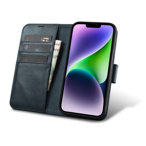 2w1 etui skórzany pokrowiec z klapką iPhone 14 Anti-RFID Oil Wax Wallet Case niebieski ICARER