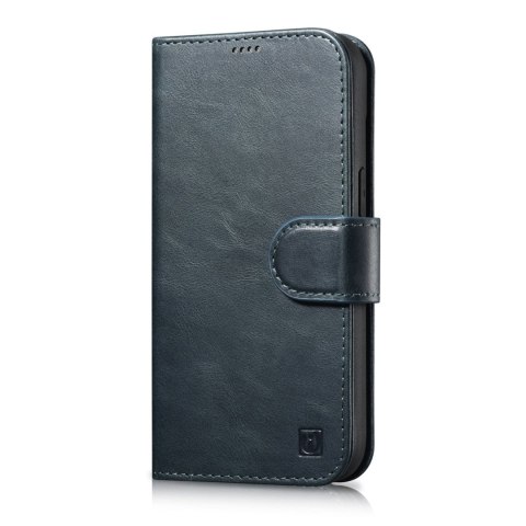 2w1 etui skórzany pokrowiec z klapką iPhone 14 Anti-RFID Oil Wax Wallet Case niebieski ICARER