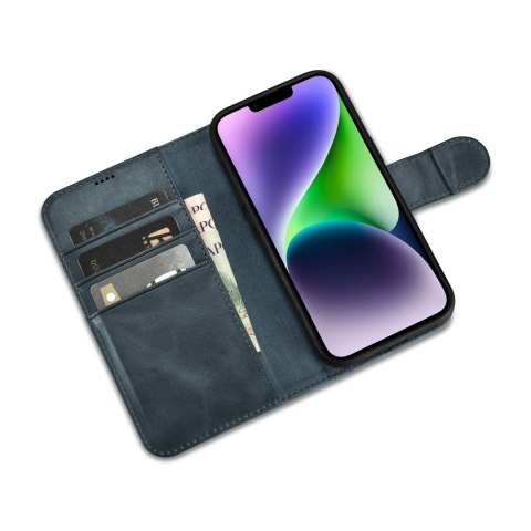 2w1 etui skórzany pokrowiec z klapką iPhone 14 Anti-RFID Oil Wax Wallet Case niebieski ICARER