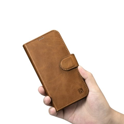 2w1 etui skórzany pokrowiec z klapką iPhone 14 Plus Anti-RFID Oil Wax Wallet Case jasno-brązowy ICARER