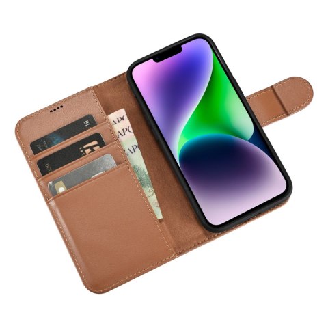 2w1 etui skórzany pokrowiec z klapką iPhone 14 Plus Anti-RFID Wallet Case brązowy ICARER