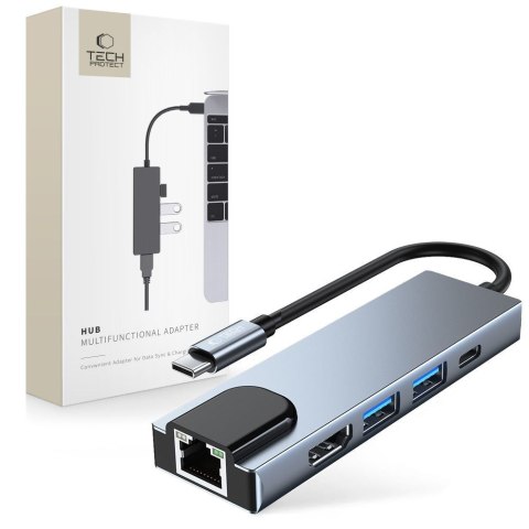 5w1 HUB rozdzielacz USB-C na USB-C USB-A HDMI RJ45 - szary Tech-Protect