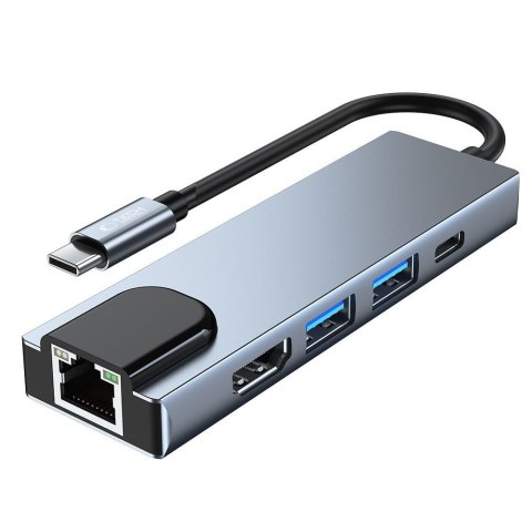 5w1 HUB rozdzielacz USB-C na USB-C USB-A HDMI RJ45 - szary Tech-Protect