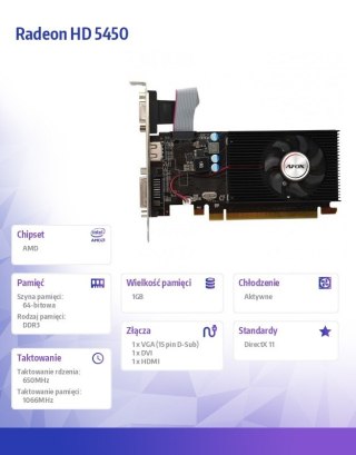 Karta graficzna Radeon HD 5450 1GB DDR3 64Bit DVI HDMI VGA LP Fan L5 AFOX