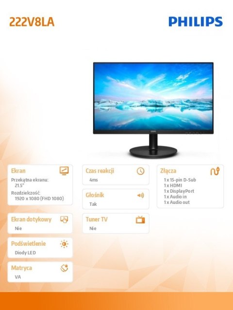 Monitor 222V8LA 21.5 cala VA HDMI DP Głośniki Philips