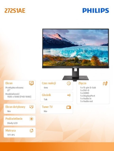 Monitor 272S1AE 27 cali IPS DVI HDMI DP Pivot Philips