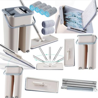 Mop Płaski Wyciskany Z Wiadrem Dwukomorowym 2 Wkłady Z Mikrofibry LEAN