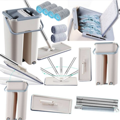 Mop Płaski Wyciskany Z Wiadrem Dwukomorowym 2 Wkłady Z Mikrofibry LEAN