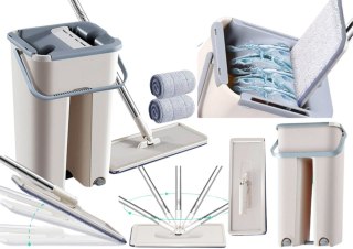 Mop Płaski Wyciskany Z Wiadrem Dwukomorowym 2 Wkłady Z Mikrofibry LEAN