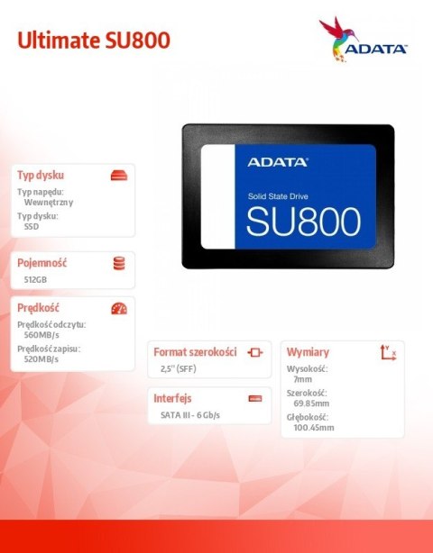 Dysk SSD Ultimate SU800 512GB S3 560/520 MB/s TLC 3D Adata