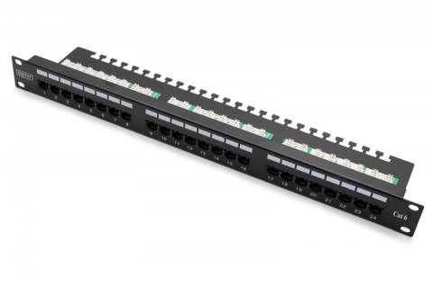 Panel krosowy (patch panel) 19'' 24x RJ45, LSA poziom, kat.6, nieekranowany, 1U, prowadnica kabli, pola opisowe, czarny Digitus