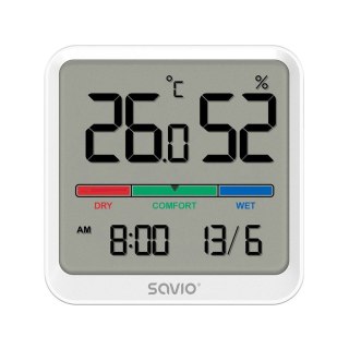 Czujnik temperatury i wilgotności, do użytku wewnętrznego, ekran LCD, zegar, data, uchwyt z magnesem, CT-01/W Biały Savio