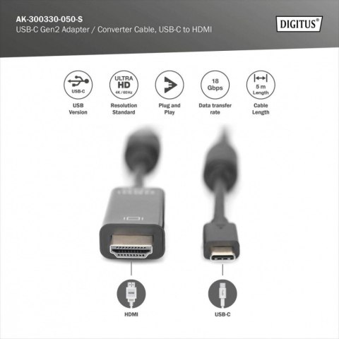 Kabel USB Type-C/HDMI M/M USB 3.1 Gen.2 SuperSpeed+ 4K/60Hz 18Gbps 5m czarny Digitus