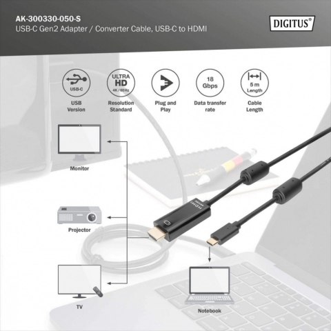 Kabel USB Type-C/HDMI M/M USB 3.1 Gen.2 SuperSpeed+ 4K/60Hz 18Gbps 5m czarny Digitus