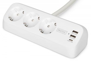 Listwa zasilająca biurkowa, 3 gniazda Schuko, 2x USB-A (2x 12W), 1x USB-C (30W) z zaciskiem na blat, kabel 1,5m, biała Digitus