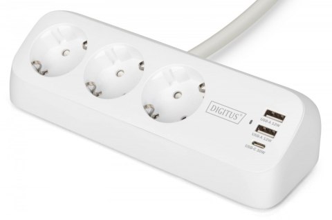 Listwa zasilająca biurkowa, 3 gniazda Schuko, 2x USB-A (2x 12W), 1x USB-C (30W) z zaciskiem na blat, kabel 1,5m, biała Digitus