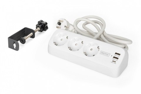Listwa zasilająca biurkowa, 3 gniazda Schuko, 2x USB-A (2x 12W), 1x USB-C (30W) z zaciskiem na blat, kabel 1,5m, biała Digitus