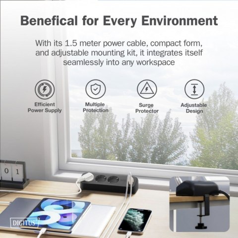 Listwa zasilająca biurkowa, 3 gniazda Schuko, 2x USB-A (2x 12W), 1x USB-C (30W) z zaciskiem na blat, kabel 1,5m, czarna Digitus