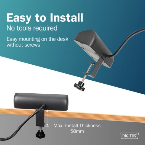 Listwa zasilająca biurkowa, 3 gniazda Schuko, 2x USB-A (2x 12W), 1x USB-C (30W) z zaciskiem na blat, kabel 1,5m, czarna Digitus