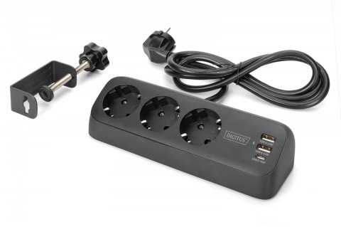 Listwa zasilająca biurkowa, 3 gniazda Schuko, 2x USB-A (2x 12W), 1x USB-C (30W) z zaciskiem na blat, kabel 1,5m, czarna Digitus