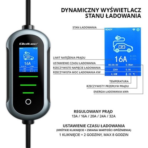 Mobilna ładowarka do samochodu elektrycznego EV z regulacją 2w1 Typ2 | 22kW | 400V | Wi-Fi | TUYA | SMART LIFE | LCD | Wallbox  Qoltec