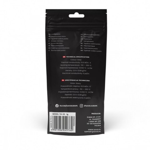 Pasta termoprzewodząca Glacier 13,5 W/mK, 1g TG-03 Savio
