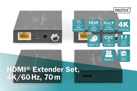 Przedłużacz / Extender HDMI 70m po skrętce kat.5e/6/7 4K 60Hz PoC (Power over Cable) (zestaw) Digitus