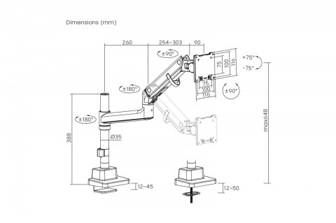 Ramię biurkowe pojedyncze z zaciskiem i sprężyną gazową 1x LCD max. 57" 27kg, VESA: 75x75, 100x100, białe Digitus