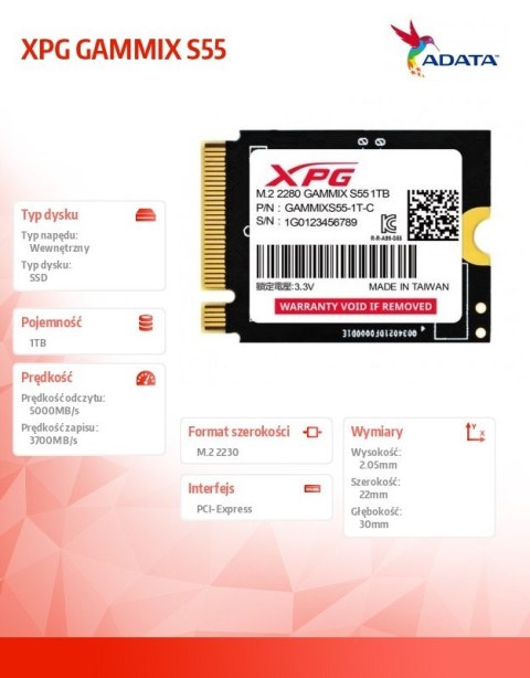 Dysk SSD XPG GAMMIX S55 1TB PCIe 4x4 5/3.7MB/s M2230 Adata