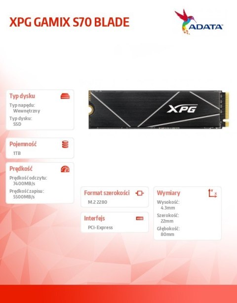 Dysk SSD XPG GAMMIX S70 BLADE 1TB PCIe 4x4 7.4/5.5 GBs Adata