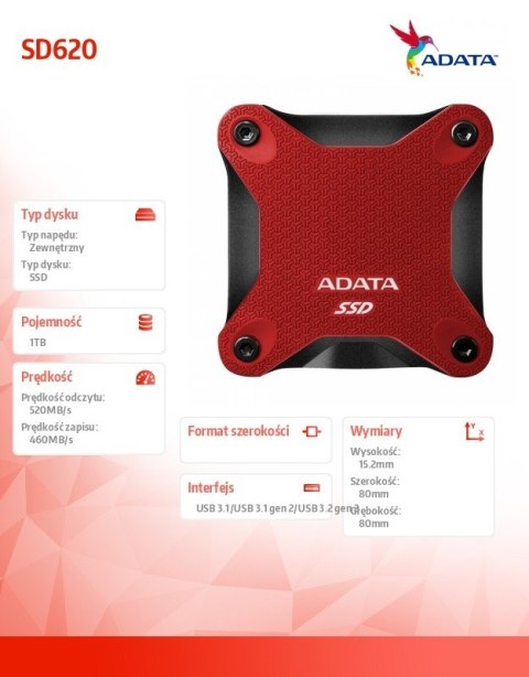 Dysk zewnętrzny SSD SD620 1TB U3.2A 520/460 MB/s czerwony Adata