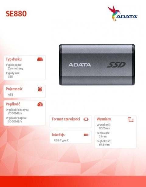 Dysk zewnętrzny SSD SE880 4TB USB3.2A/C Gen2x2 Adata