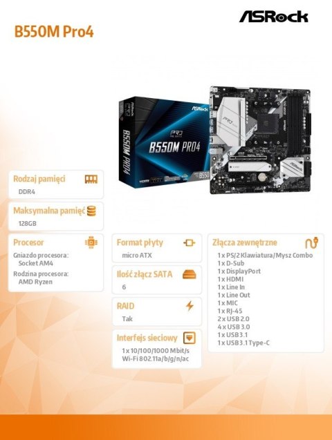 Płyta główna B550M Pro4 AM4 4DDR4 HDMI/DP/D-SUB M.2 mATX ASRock