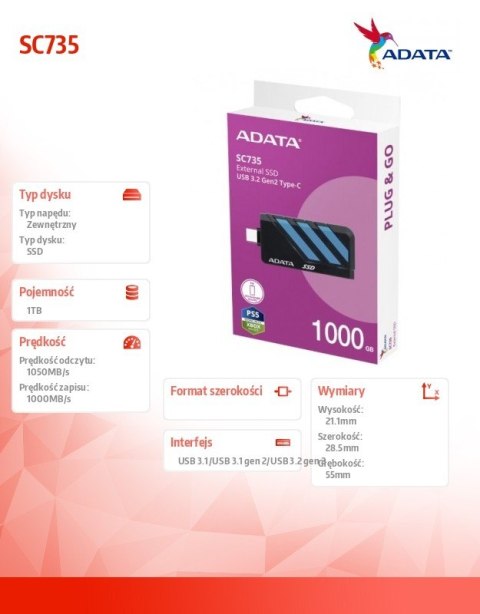 Dysk SSD External SC735 1TB U3.2C 1000/1000MB/s Blue Adata