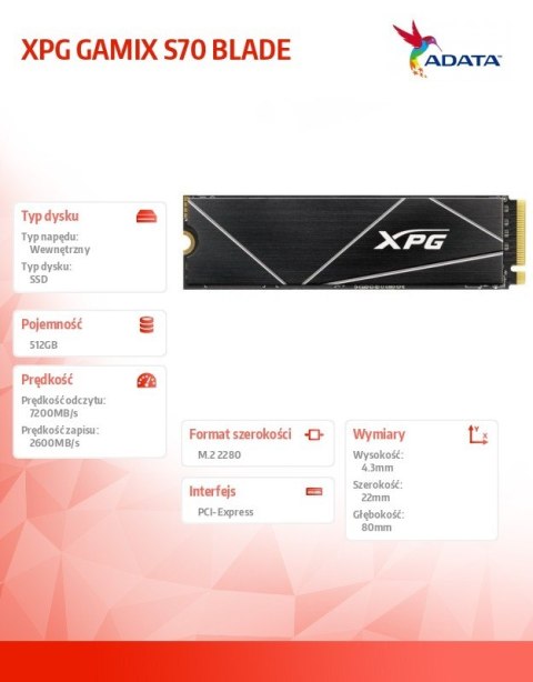 Dysk SSD XPG GAMMIX S70 BLADE 512GB PCIe 4x4 7.2/2.6 GBs Adata