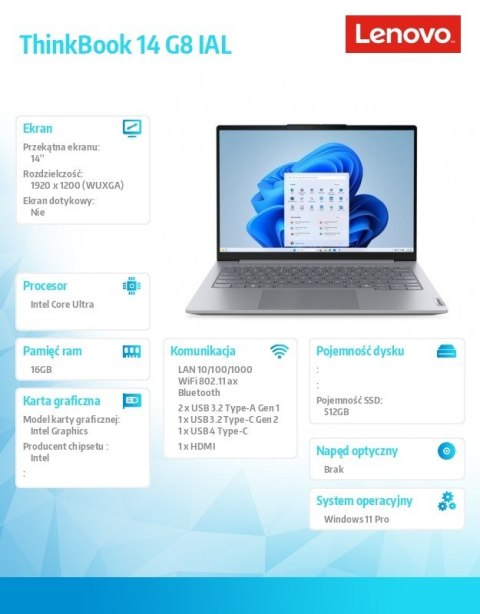 Laptop ThinkBook 14 G8 21SJ008APB W11Pro Ultra 5 225U/16GB/512GB/INT/14.0 WUXGA//Luna Grey/3YRS OS + CO2 Offset Lenovo
