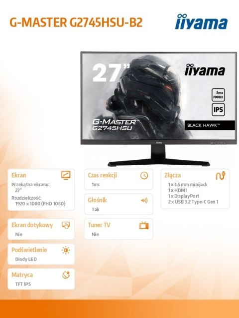 Monitor 27 cali G2745HSU-B2 IPS,FHD,100Hz,1ms,2xUSB,300cd IIYAMA