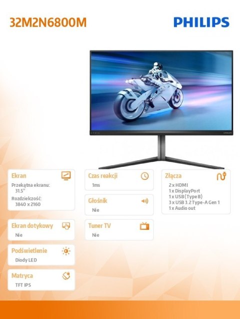 Monitor 32M2N6800M 31.5 cala IPS Mini-LED 4K 144Hz HDMIx2 DP HAS Ambiglow Philips