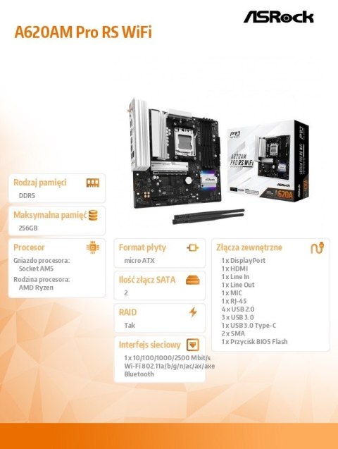 Płyta główna A620AM PRO RS WIFI AM5 4DDR5 HDMI/DP M.2 mATX ASRock
