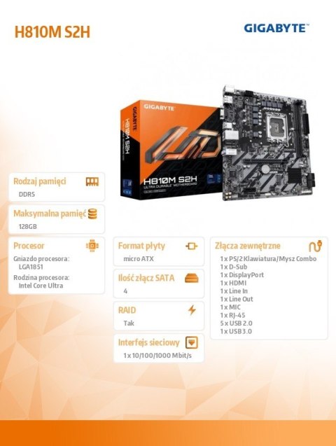 Płyta główna H810M S2H s1851 2DDR5 DP/HDMI/DSUB mATX Gigabyte