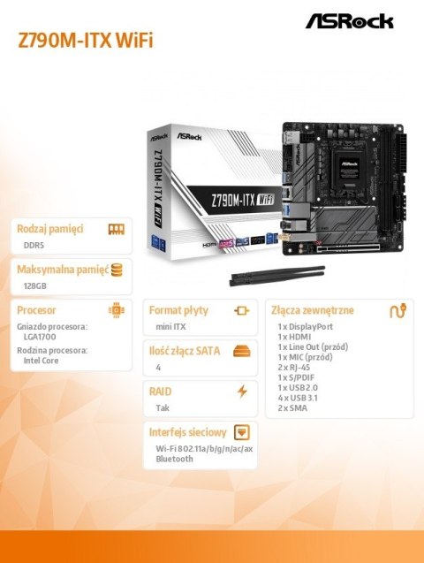 Płyta główna Z790M-ITX WIFI S1700 2DDR5 HDMI M.2 mITX ASRock
