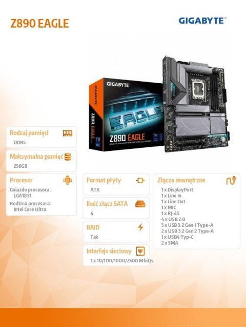 Płyta główna Z890 EAGLE s1851 4DDR5 DP/TB4 ATX Gigabyte