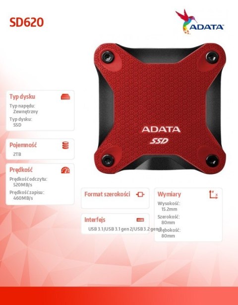 Zewnętrzny dysk SSD SD620 2TB U3.2A 520/460 MB/s Red Adata