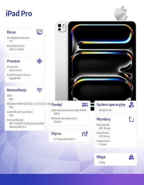 IPad Pro 13 cali Wi-Fi 256 GB ze standardowym szkłem - Srebrny Apple